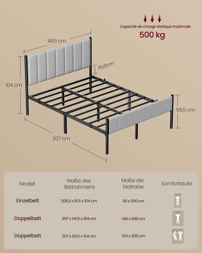 Lova Koduva Dvigulės lovos rėmas 140 x 200 cm, su plieninėmis lentjuostėmis, paminkštintu galvūgaliu, pilkai rusvas