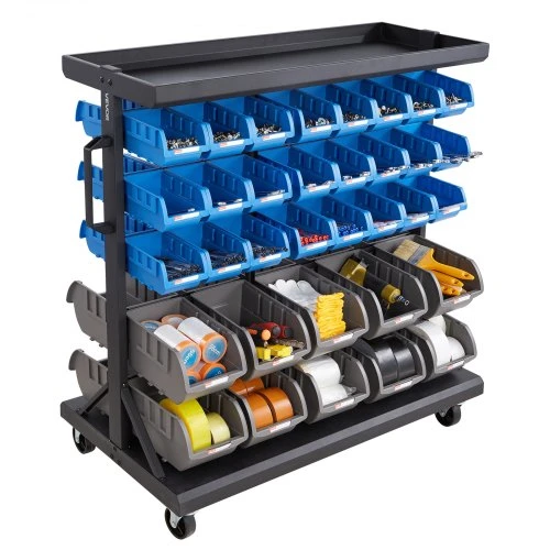 VEVOR Dvipusė mobili dėžių laikymo lentyna BR68VR, 5 aukštų, su 68 plastikinėmis dėžėmis, 90 x 50 x 95 cm