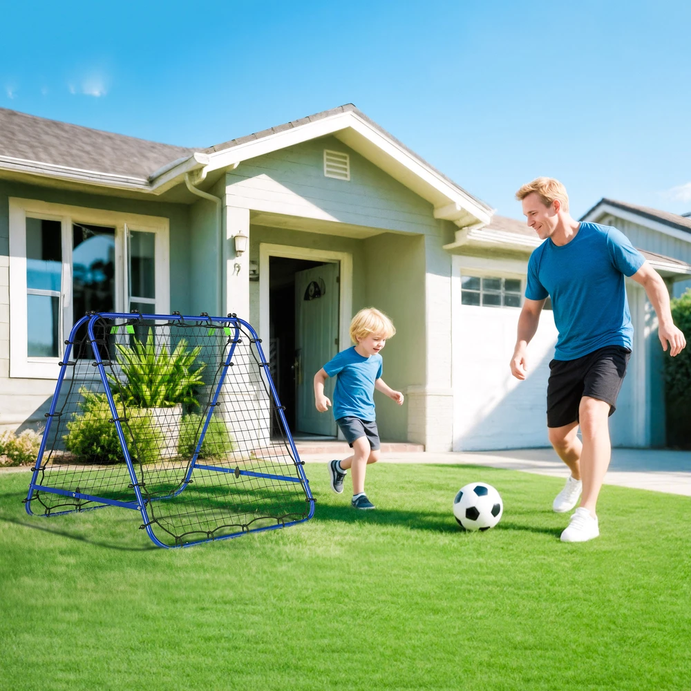 Aosom Dvipusis futbolo rebounderis su reguliuojamu kampu, mėlynas, 100 x 68-95 x 90 cm