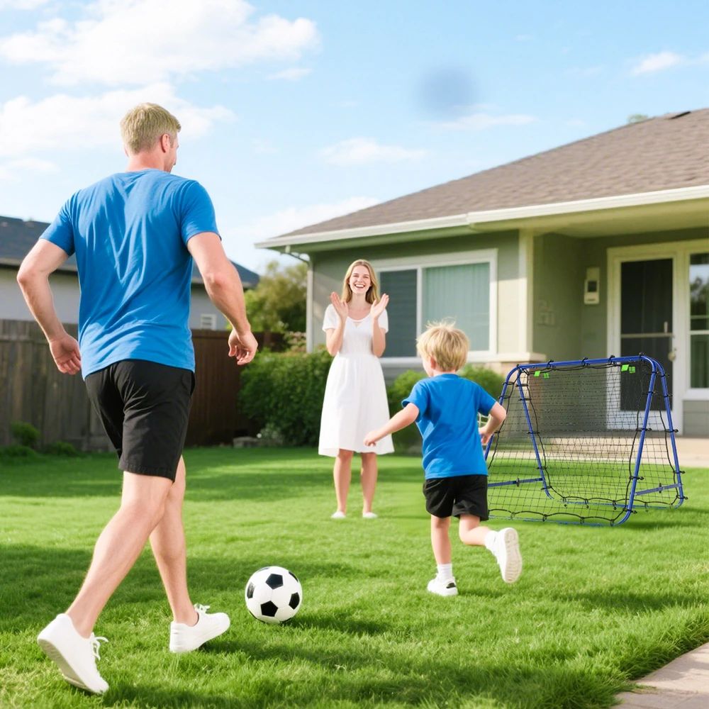Aosom Dvipusis futbolo rebounderis su reguliuojamu kampu, mėlynas, 100 x 68-95 x 90 cm