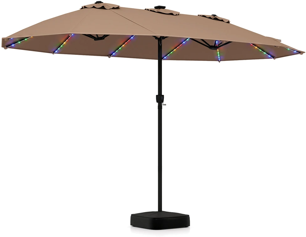 Promotion Dvipusis kiemo skėtis su 144 saulės energija maitinamais LED žibintais, su rankenėle ir pagrindu, rudas, 436 x 258 x 254 cm