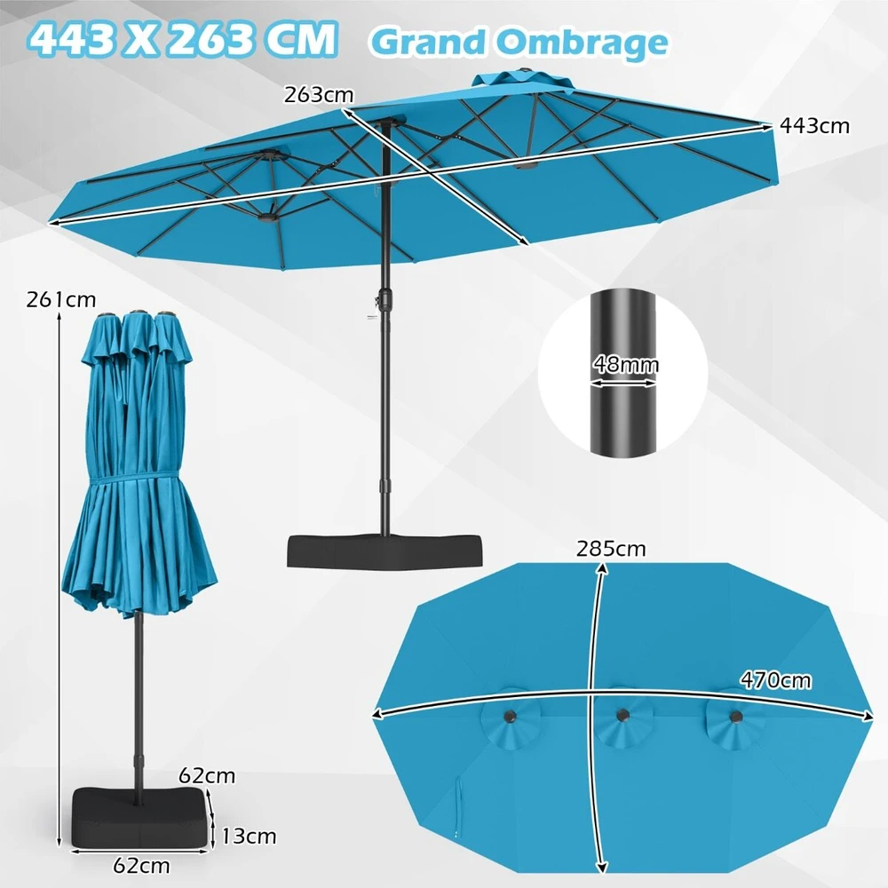 Promotion Dvipusis lauko skėtis su stovu ir rankena, UPF 50+, turkio spalvos, 470 x 285 x 261 cm
