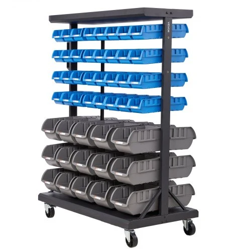 VEVOR Dvipusis mobilus daiktadėžių stelažas, 7 aukštų, su 94 plastikinėmis dėžutėmis, 90 x 50 x 125 cm