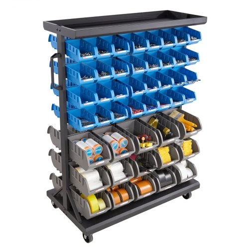 VEVOR Dvipusis mobilus daiktadėžių stelažas, 7 aukštų, su 94 plastikinėmis dėžutėmis, 90 x 50 x 125 cm