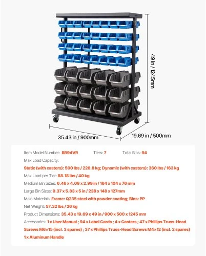 VEVOR Dvipusis mobilus daiktadėžių stelažas, 7 aukštų, su 94 plastikinėmis dėžutėmis, 90 x 50 x 125 cm