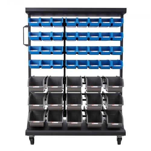 VEVOR Dvipusis mobilus daiktadėžių stelažas, 7 aukštų, su 94 plastikinėmis dėžutėmis, 90 x 50 x 125 cm