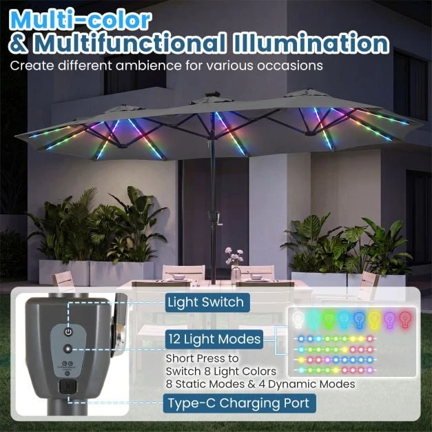 Promotion Dvipusis patio skėtis su 108 LED lemputėmis ir pagrindu, pilkas