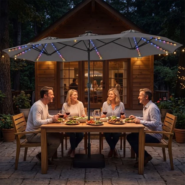 Promotion Dvipusis patio skėtis su 108 LED lemputėmis ir pagrindu, pilkas