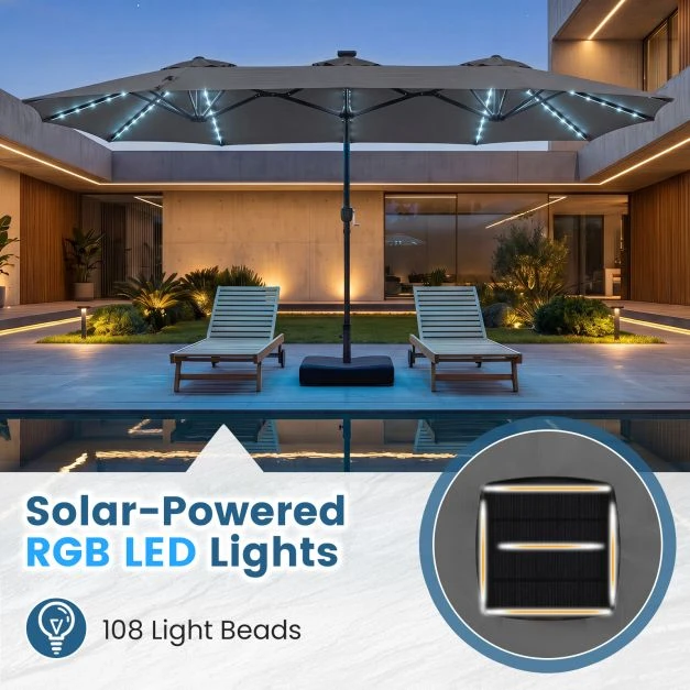 Promotion Dvipusis patio skėtis su 108 LED lemputėmis ir pagrindu, pilkas