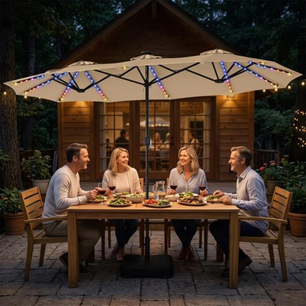 Promotion Dvipusis patio skėtis su 108 LED lemputėmis ir pagrindu, smėlinis