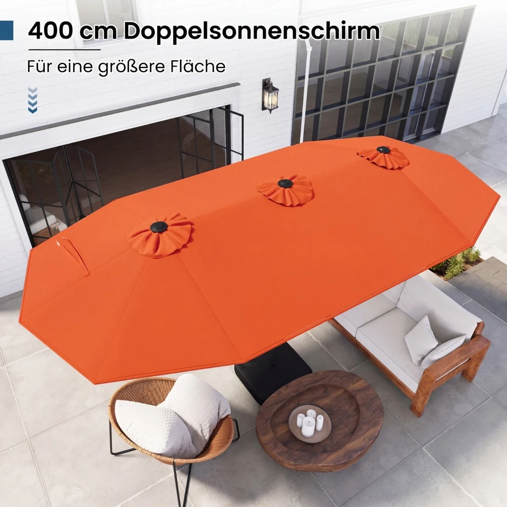 Promotion Dvipusis skėtis nuo saulės, 405 x 210 x 225 cm, 36 saulės energija maitinami LED, oranžinis