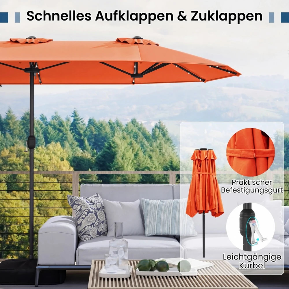 Promotion Dvipusis skėtis nuo saulės, 405 x 210 x 225 cm, 36 saulės energija maitinami LED, oranžinis