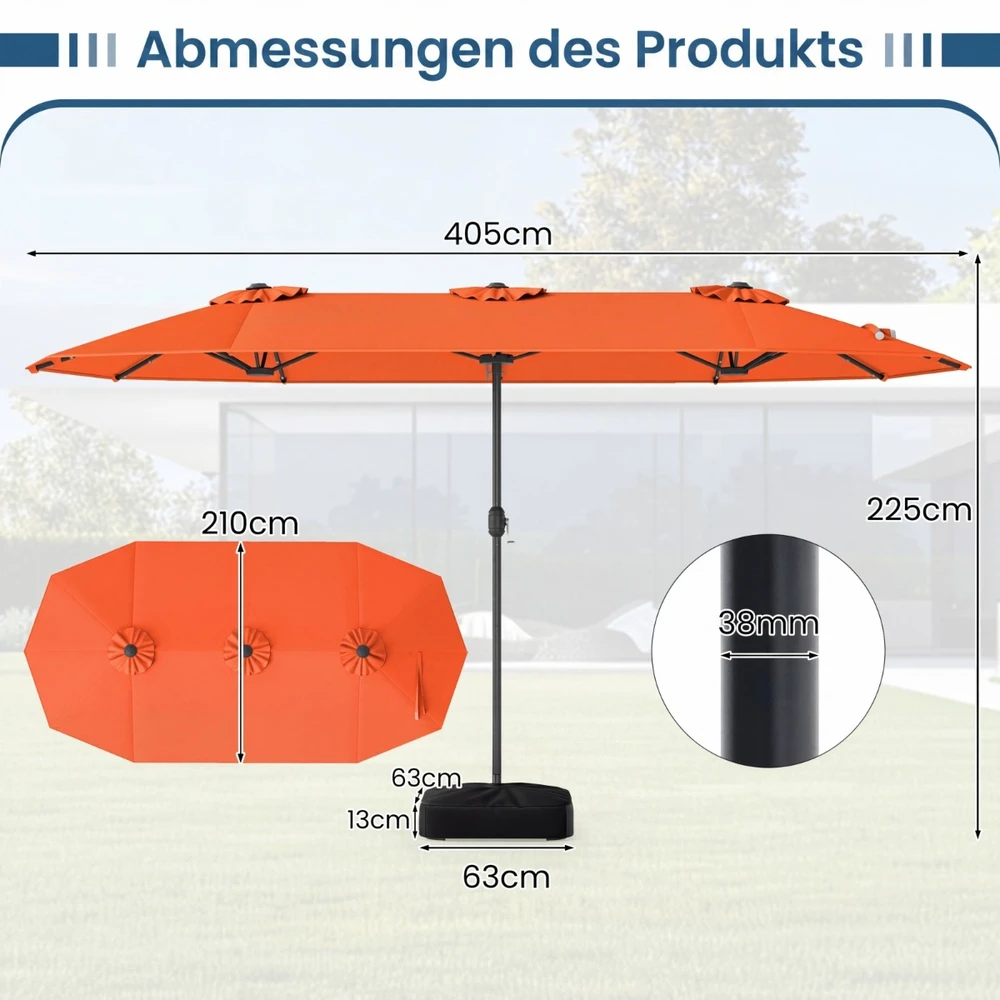 Promotion Dvipusis skėtis nuo saulės, 405 x 210 x 225 cm, 36 saulės energija maitinami LED, oranžinis