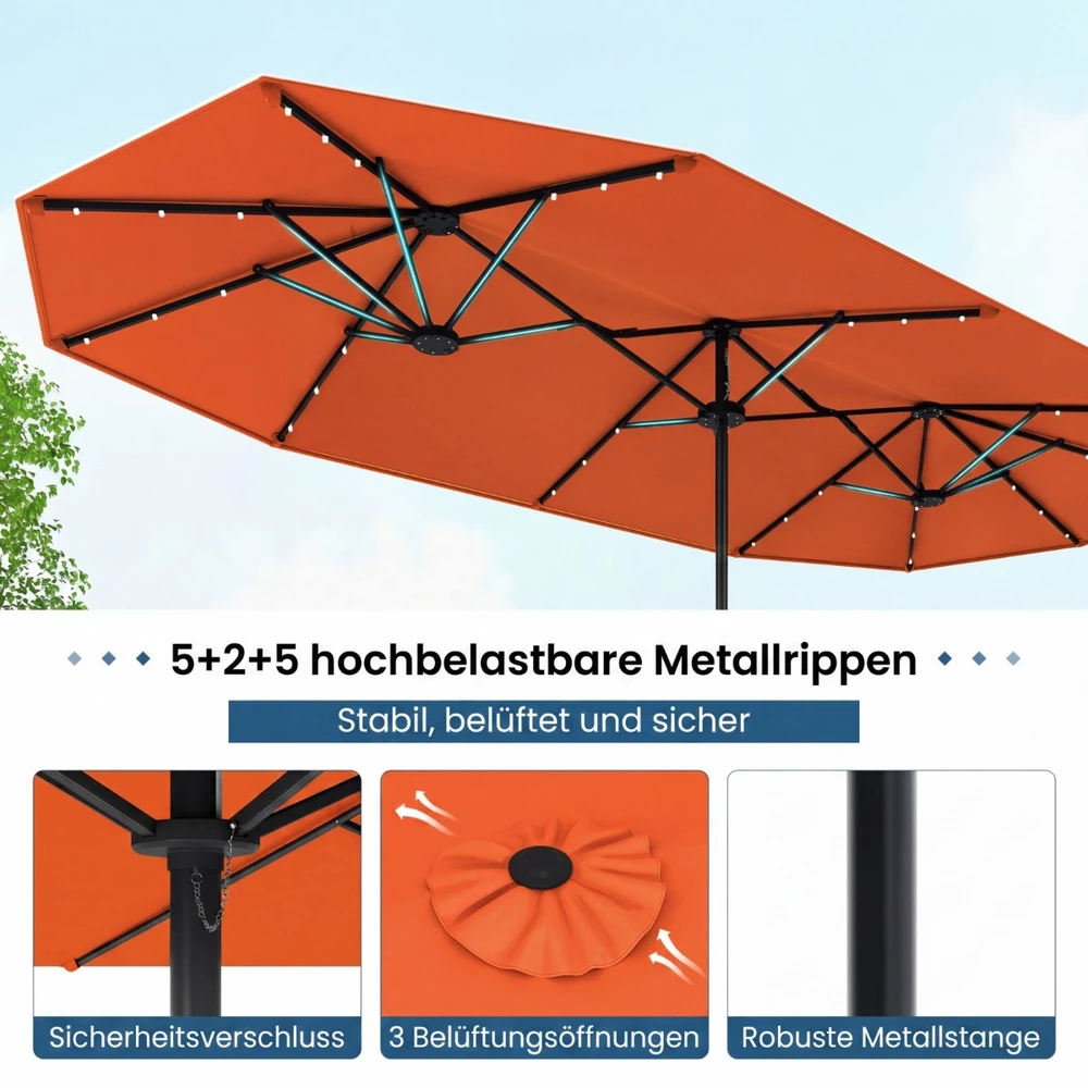 Promotion Dvipusis skėtis nuo saulės, 405 x 210 x 225 cm, 36 saulės energija maitinami LED, oranžinis