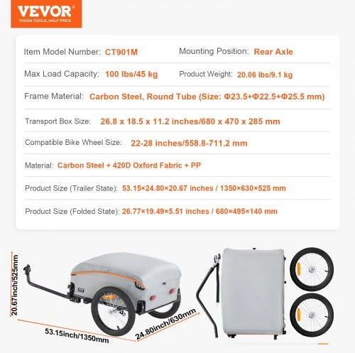 VEVOR Dviračio krovininė priekaba CT901M, iki 45 kg, anglinis plienas