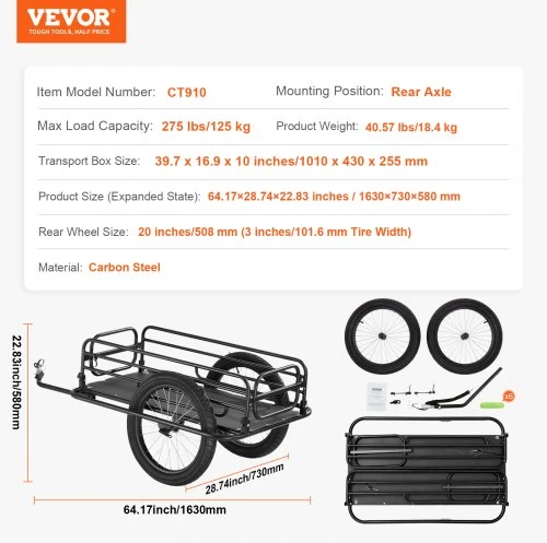 Koduva Dviračio krovininė priekaba VEVOR CT910, anglinis plienas, apkrova iki 125 kg, 163 x 73 x 58 cm
