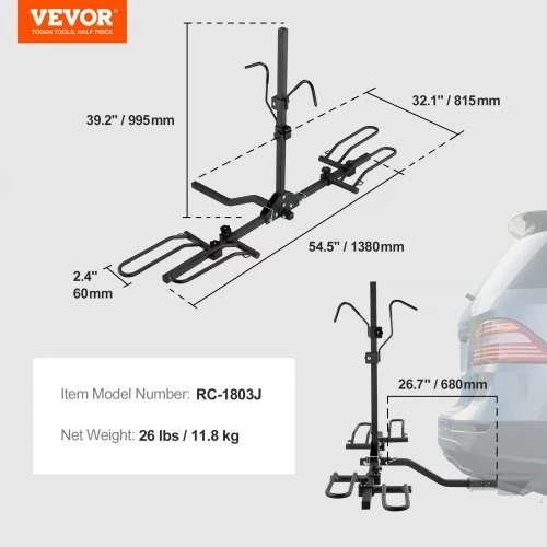 VEVOR Dviračių laikiklis ant kablio, 2 dviračiams, platforminis, iki 36 kg, 82 x 139 x 100 cm
