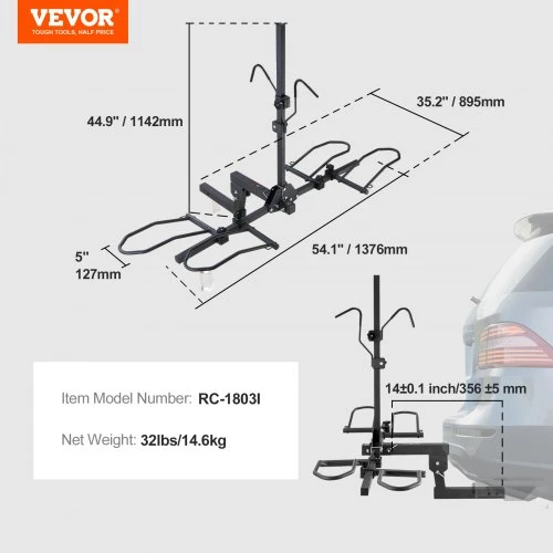 VEVOR Dviračių laikiklis ant kablio RC-1803I, 2 dviračiams, iki 73 kg, platforminis, sulankstomas ir atverčiamas, padangoms iki 12,7 cm
