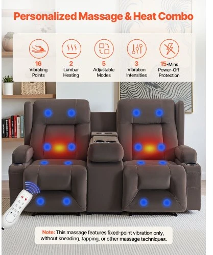 VEVOR Dvivietė atlošiama sofa su elektriniu valdymu, šildymo ir masažo funkcija, zomšinis audinys, 97 x 168 x 85 cm