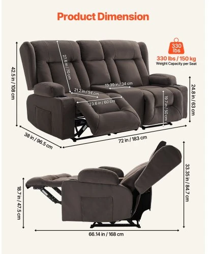 VEVOR Dvivietė atlošiama sofa su elektriniu valdymu, šildymo ir masažo funkcija, zomšinis audinys, 97 x 168 x 85 cm