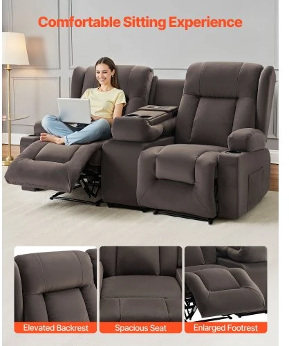 VEVOR Dvivietė atlošiama sofa su elektriniu valdymu, šildymo ir masažo funkcija, zomšinis audinys, 97 x 168 x 85 cm