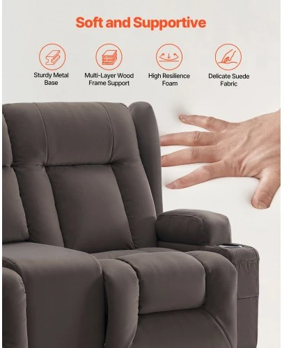 VEVOR Dvivietė atlošiama sofa su elektriniu valdymu, šildymo ir masažo funkcija, zomšinis audinys, 97 x 168 x 85 cm
