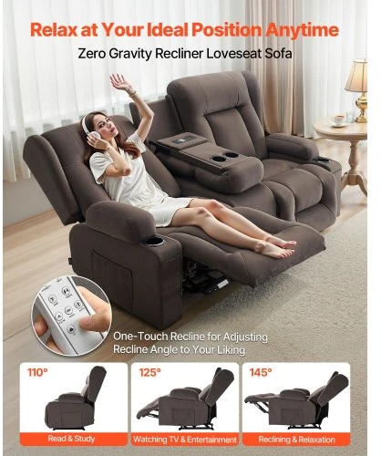 VEVOR Dvivietė atlošiama sofa su elektriniu valdymu, šildymo ir masažo funkcija, zomšinis audinys, 97 x 168 x 85 cm