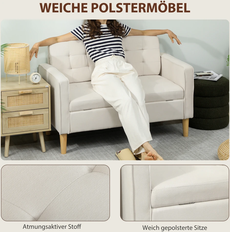 Aosom Dvivietė sofa su daiktadėže, sagų siuvinėjimas, kremiškai balta, 117 x 62 x 78 cm