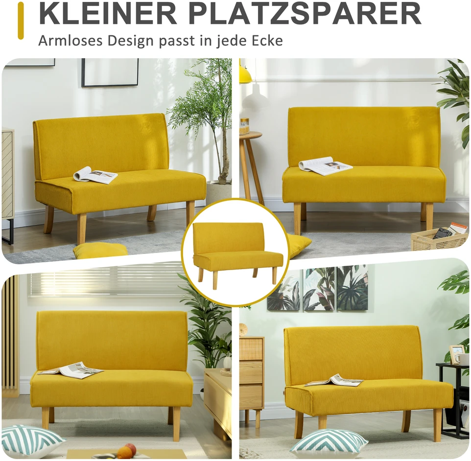 Aosom Dvivietė sofa su kordurojaus apmušalu, geltona, 110 x 62 x 85 cm