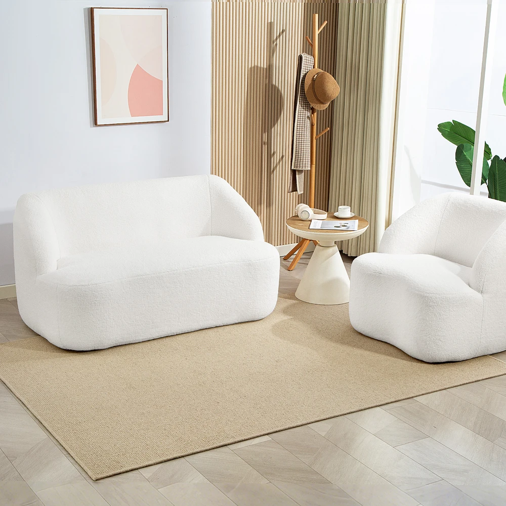 Aosom Dvivietė sofa su lenktu dizainu, kreminė balta, fleece tipo užvalkalas, 142 x 85 x 73,5 cm
