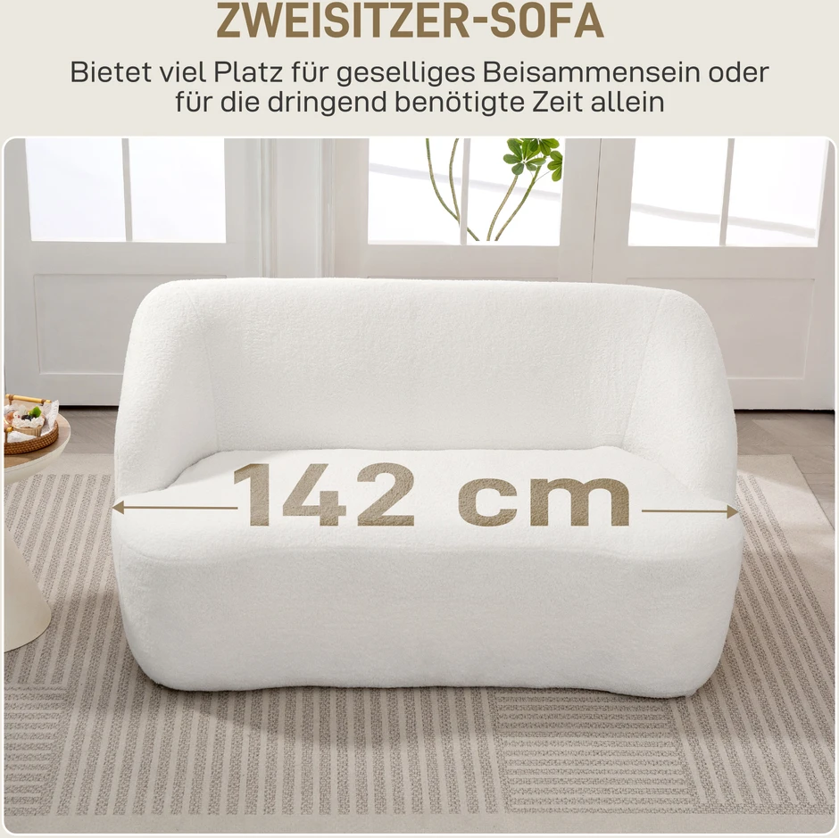 Aosom Dvivietė sofa su lenktu dizainu, kreminė balta, fleece tipo užvalkalas, 142 x 85 x 73,5 cm