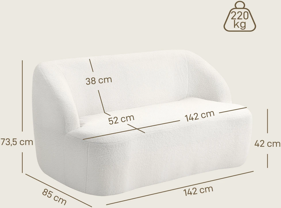 Aosom Dvivietė sofa su lenktu dizainu, kreminė balta, fleece tipo užvalkalas, 142 x 85 x 73,5 cm