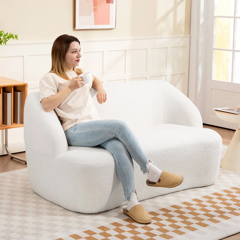 Aosom Dvivietė sofa su lenktu dizainu, kreminė balta, fleece tipo užvalkalas, 142 x 85 x 73,5 cm