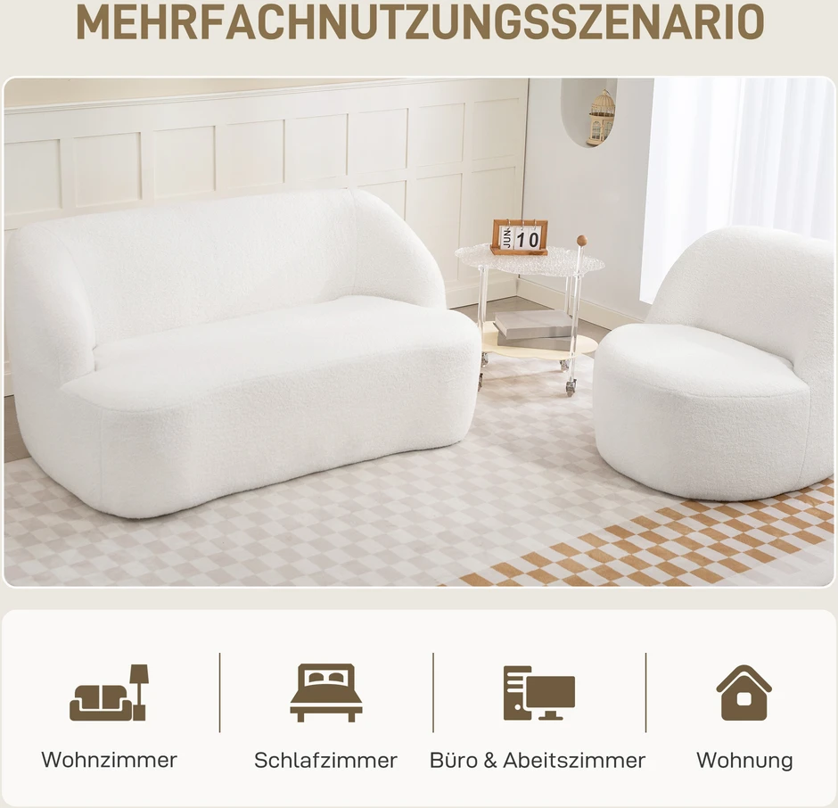 Aosom Dvivietė sofa su lenktu dizainu, kreminė balta, fleece tipo užvalkalas, 142 x 85 x 73,5 cm