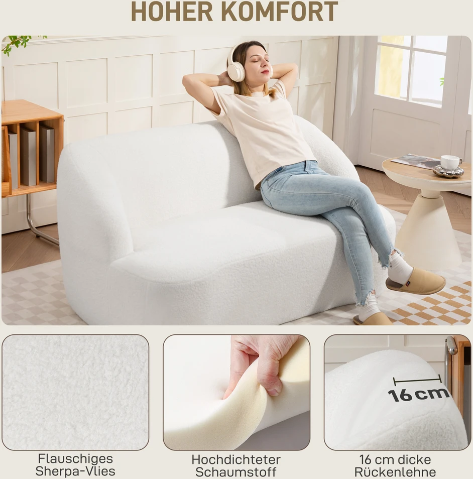 Aosom Dvivietė sofa su lenktu dizainu, kreminė balta, fleece tipo užvalkalas, 142 x 85 x 73,5 cm
