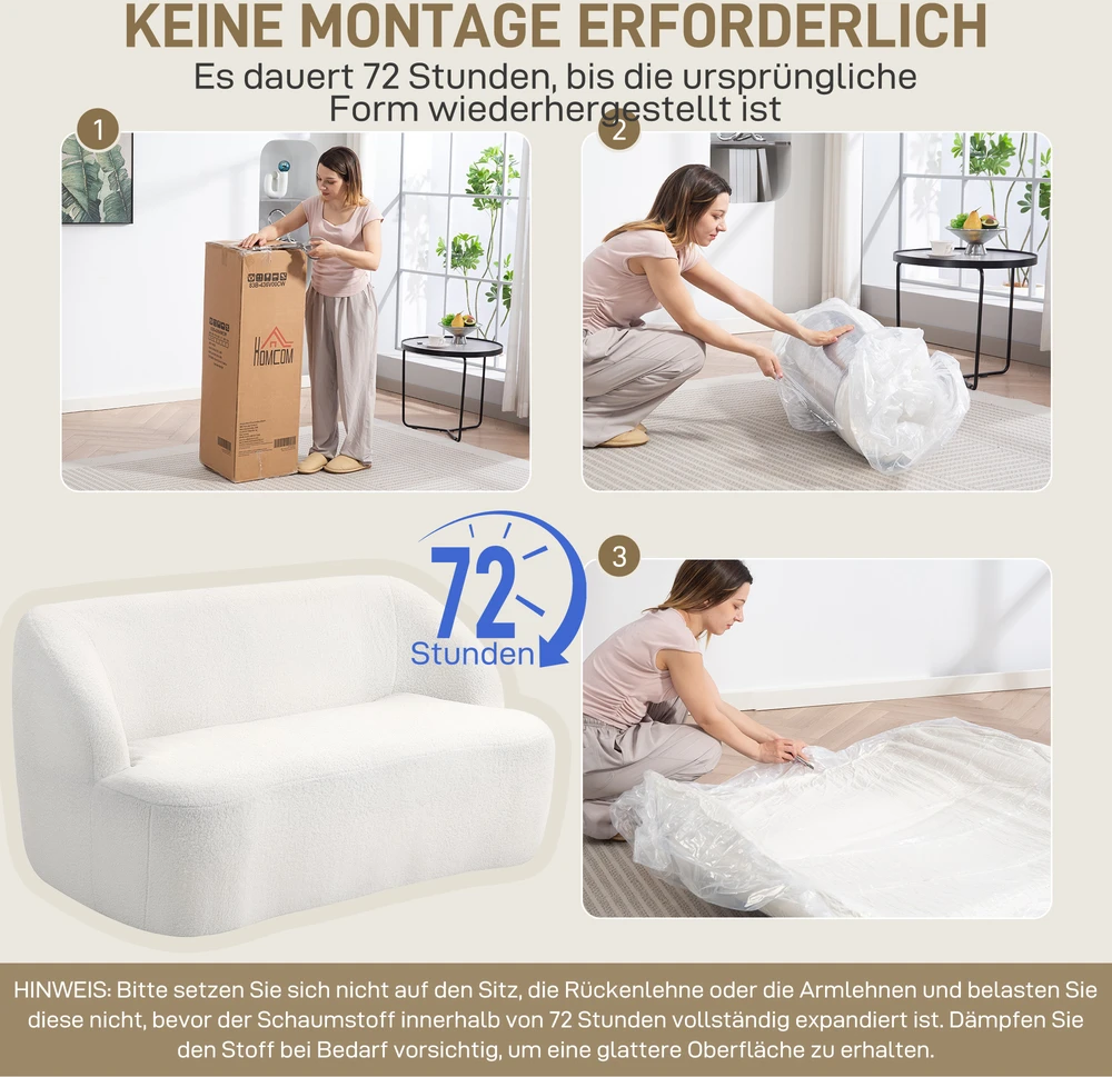 Aosom Dvivietė sofa su lenktu dizainu, kreminė balta, fleece tipo užvalkalas, 142 x 85 x 73,5 cm