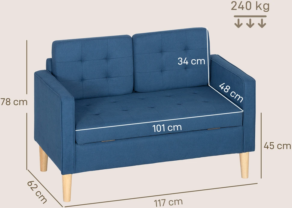 Aosom Dvivietė sofa su saugykla, mėlyna, 117 x 62 x 78 cm
