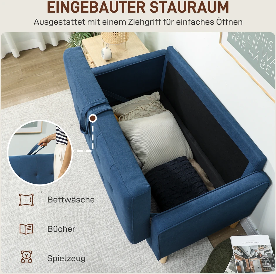 Aosom Dvivietė sofa su saugykla, mėlyna, 117 x 62 x 78 cm
