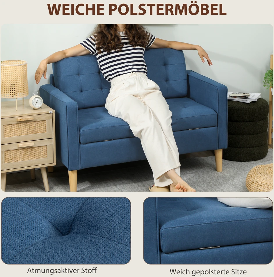 Aosom Dvivietė sofa su saugykla, mėlyna, 117 x 62 x 78 cm