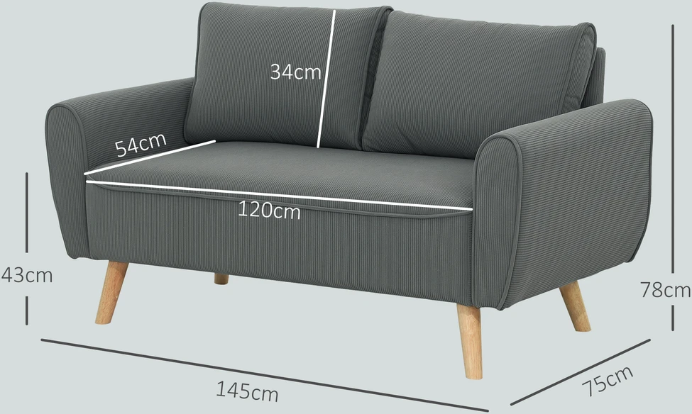 Aosom Dvivietė sofa, tamsiai pilka, 145 x 75 x 78 cm, veliūras