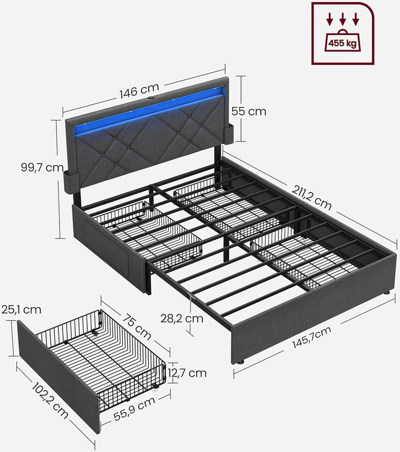 Lova Songmics Dvivietės lovos rėmas 140 x 200 cm su LED, įkrovimo stotele, šviesiai pilkas, juodas