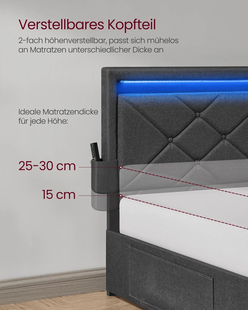 Lova Koduva Dvivietės lovos rėmas 140 x 200 cm su LED, įkrovimo stotele, plieno, pilkai juodas