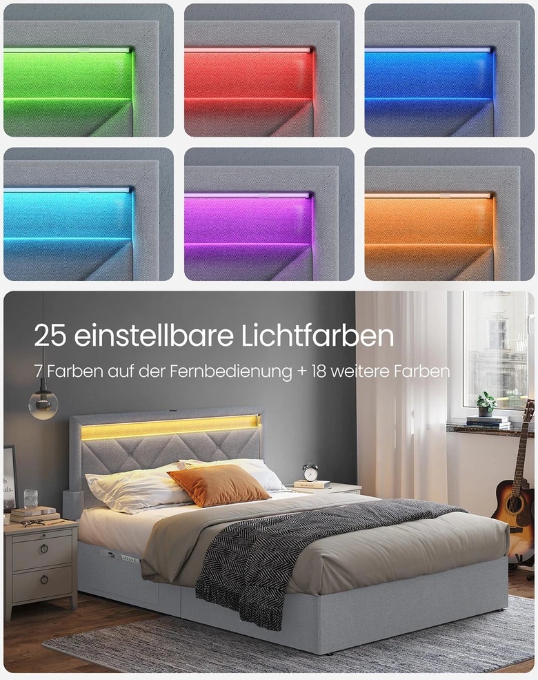 Lova Songmics Dvivietės lovos rėmas 140 x 200 cm su LED, įkrovimo stotele, šviesiai pilkas, juodas