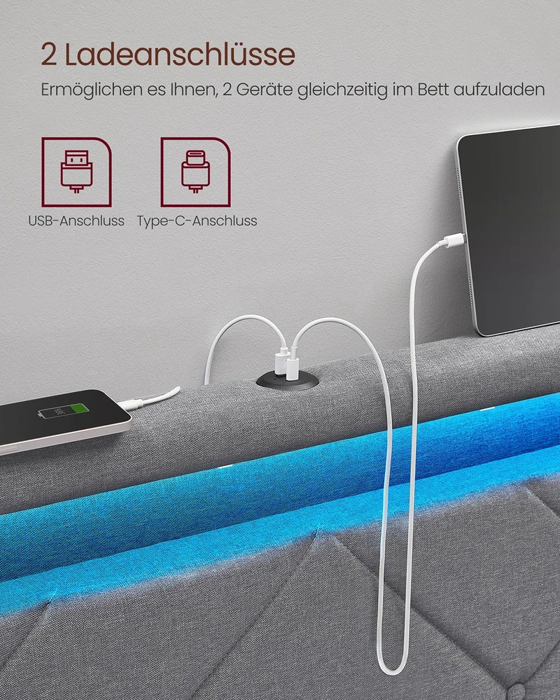 Lova Songmics Dvivietės lovos rėmas 140 x 200 cm su LED, įkrovimo stotele, šviesiai pilkas, juodas