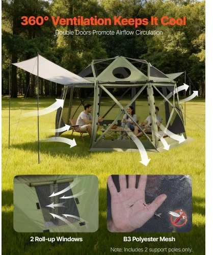 VEVOR Ekranuota pavėsinės palapinė, 3,96 x 3,96 m, žalia, 10-12 asmenų