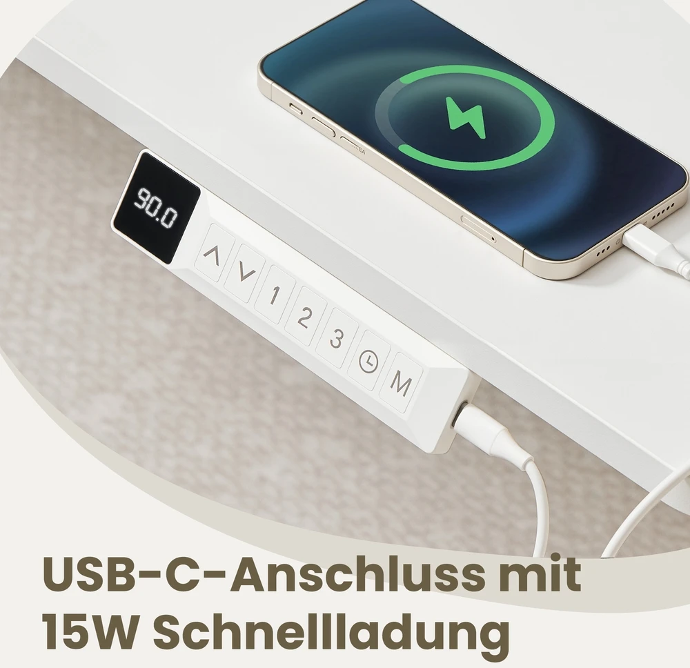 Koduva Elektra reguliuojamo aukščio darbo stalas, 140 x 80 cm, baltas, su USB-C jungtimi