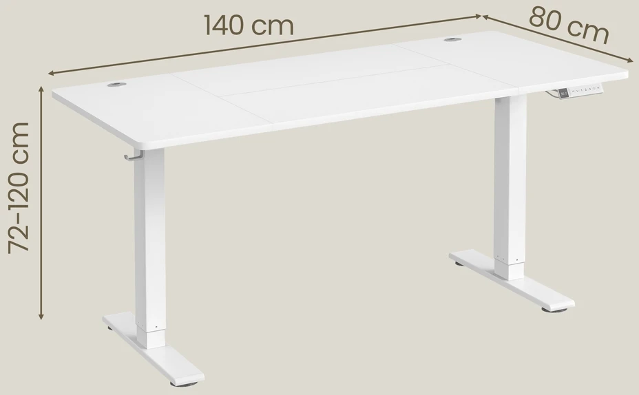 Koduva Elektra reguliuojamo aukščio darbo stalas, 140 x 80 cm, baltas, su USB-C jungtimi