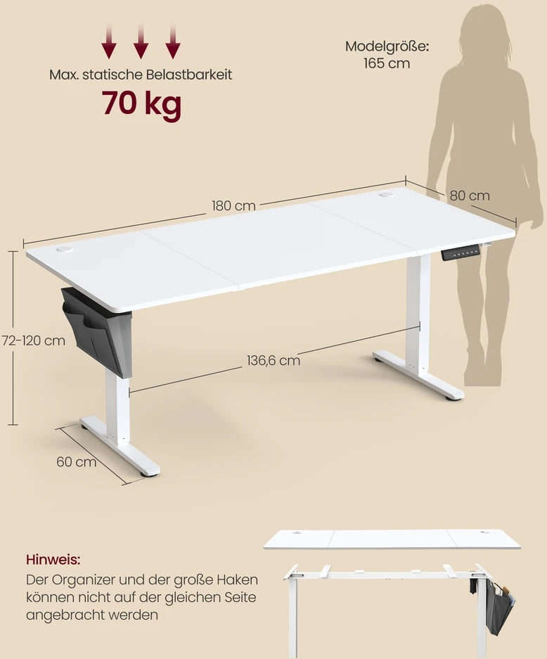 Koduva Elektra reguliuojamo aukščio rašomasis stalas, 180 x 80 cm, baltas