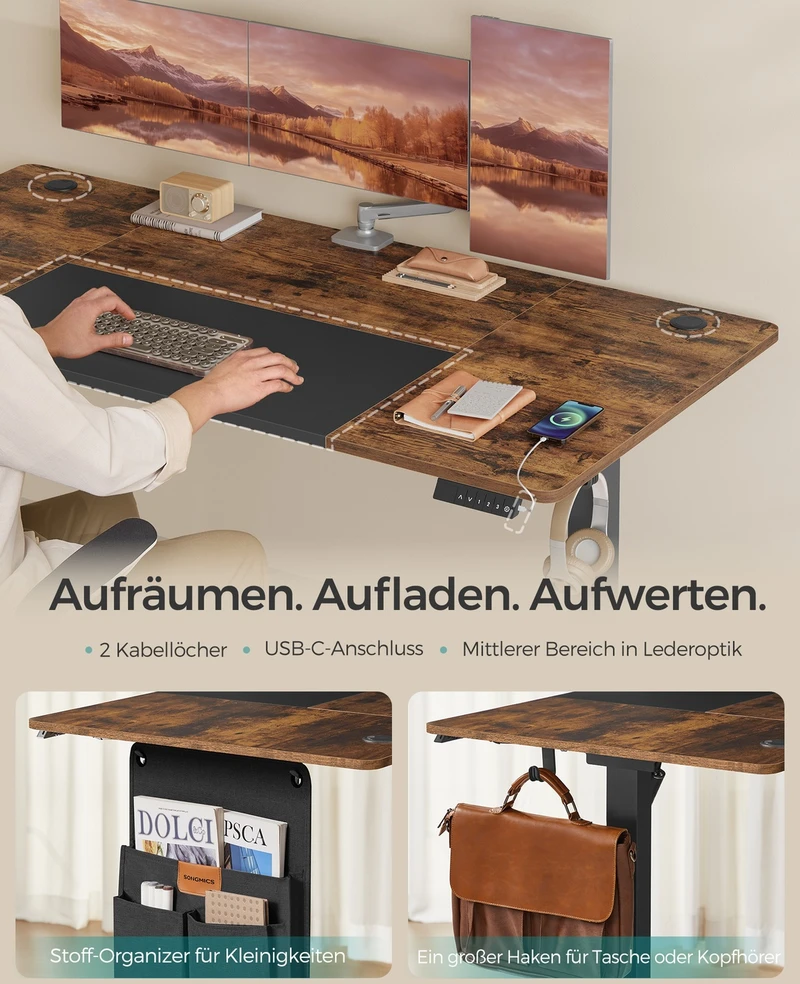 Songmics Elektra reguliuojamo aukščio rašomasis stalas, 70 x 160 x 72–120 cm, rudas
