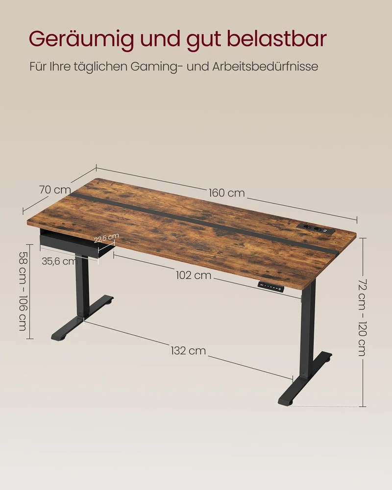 Koduva Elektra reguliuojamo aukščio rašomasis stalas, 70 x 160 cm, rudas ir juodas